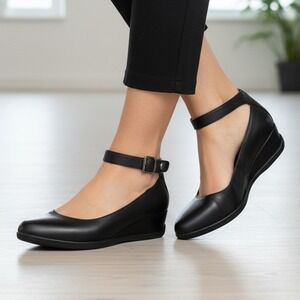 Dansko Leather Ankle Strap Wedge Heel Shoes Womens Size 39 Black Comfort